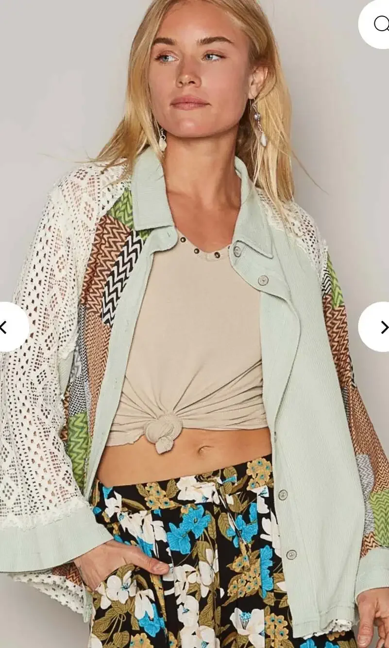 POL Boho Mixed Media Patchwork Waffle Knit Shacket with Crochet Lace Sleeves